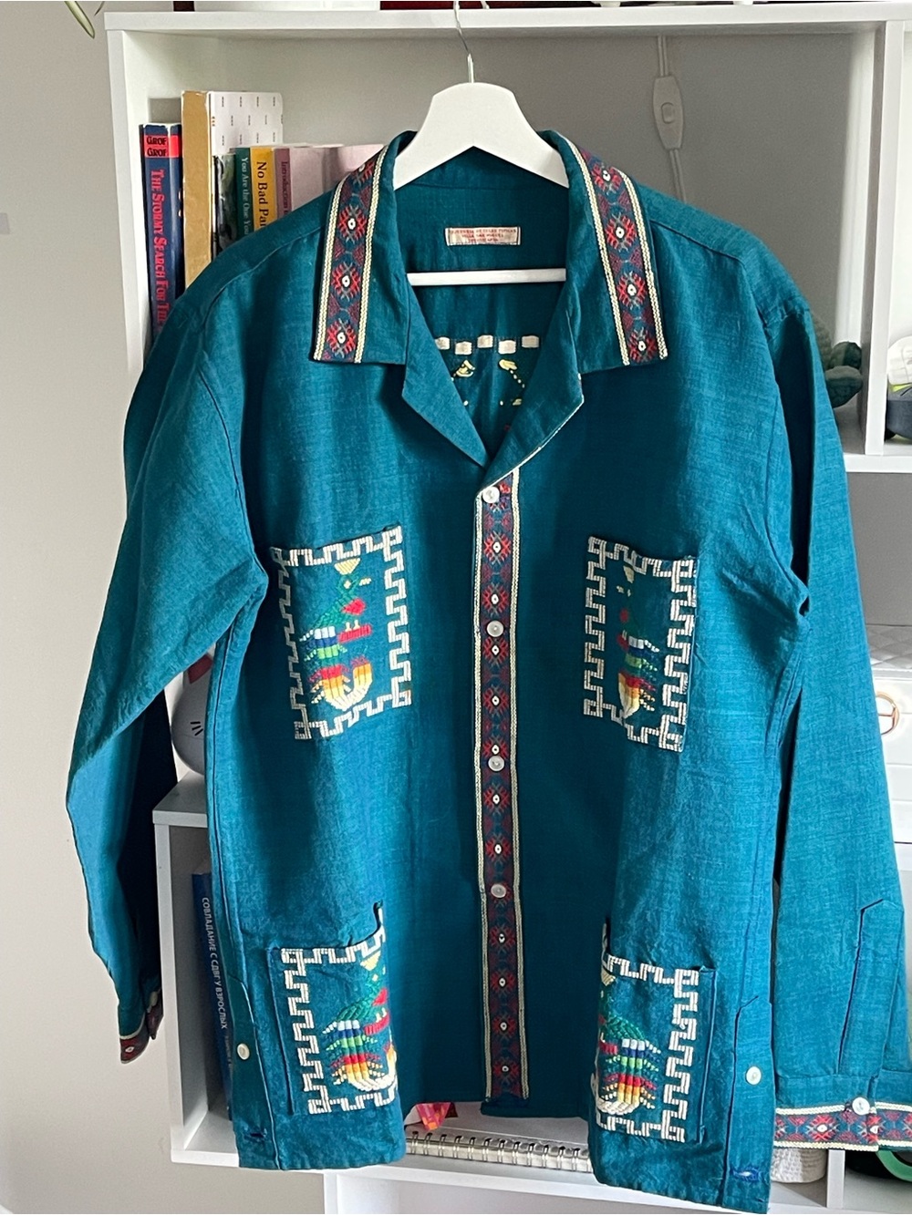 Teal Embroidered Button-Up Jacket with Aztec Trim